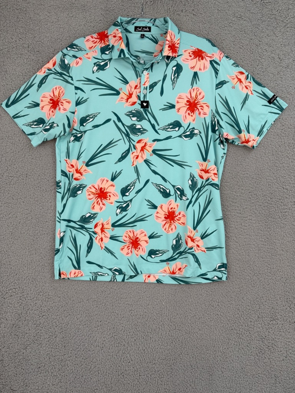 Bad Birdie Mens Large short sleeve Golf polo shirt Aqua Floral Print performance